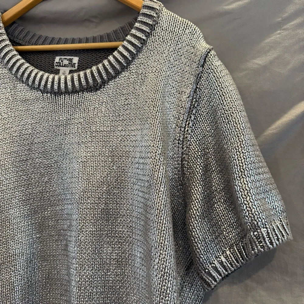 Future Collective Womens 1X Metallic Silver Crewneck Top Y2K Futuristic Chic